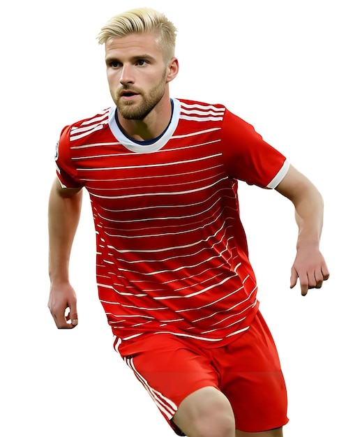 Foto giocatore di calcio in tuta rossa su sfondo bianco