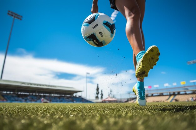 The soccer player shoot ball on artificial turf