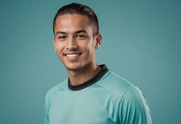 A soccer player in a teal team jersey looking proud and motivated