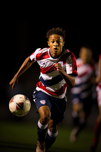 a soccer player wearing a red white and blue uniform with the number 7 on the front