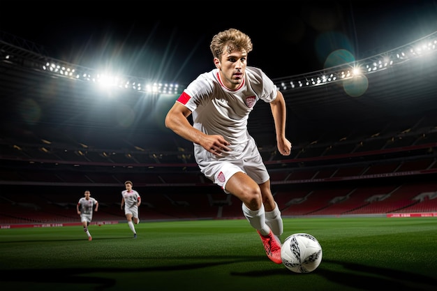 a soccer player wearing white shirt running shoot a ball in the Grand stadium