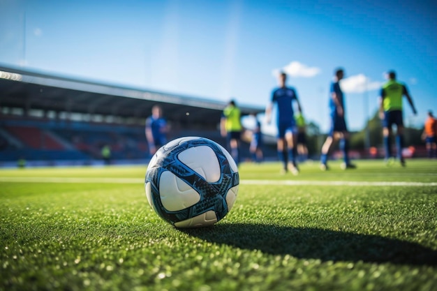 Soccer player with ball on the field grass