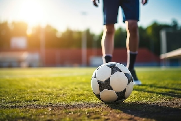 Футболист с мячом на траве.