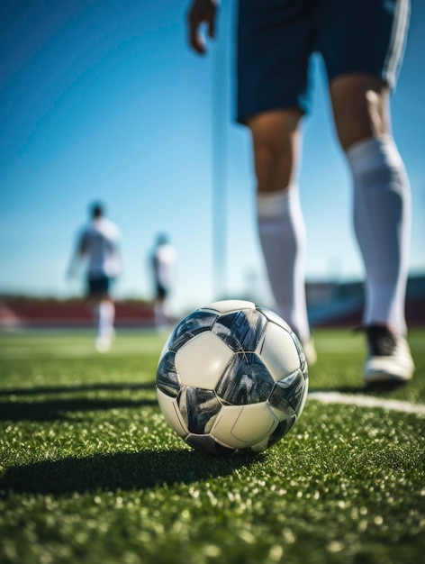 Soccer player with ball on the field grass