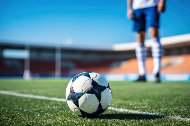 Soccer player with ball on the field grass