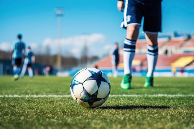 Soccer player with ball on the field grass