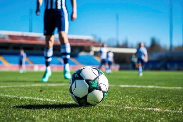 Soccer player with ball on the field grass