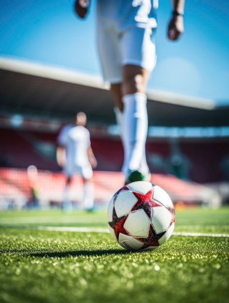 경기장 잔디 에 공 을 고 있는 축구 선수