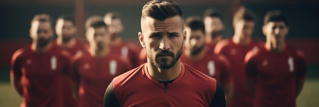 Photo a soccer player with a beard and a beard stands in front of other soccer players.