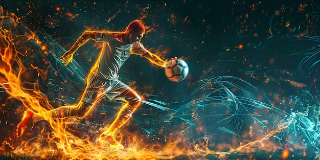 A soccer player with a football in his hand moving over the fire energy background