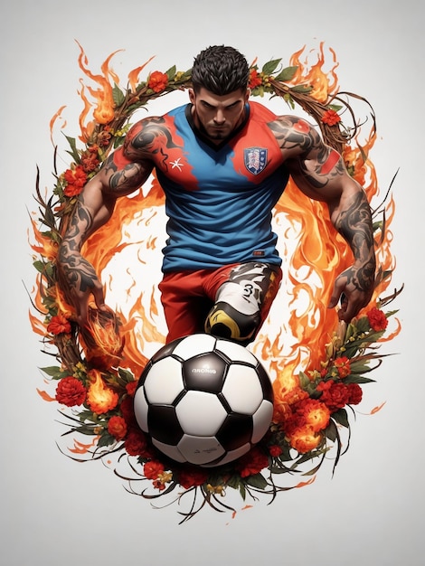 Foto giocatore di calcio con un pallone da calcio su uno sfondo di fiamme e fiori logo di calcio