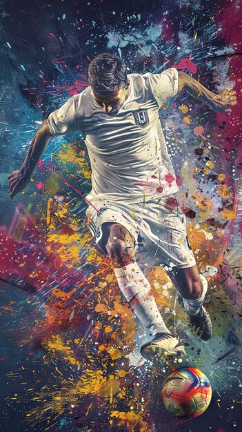 A soccer player with splashes of color and the flying droplets of paint