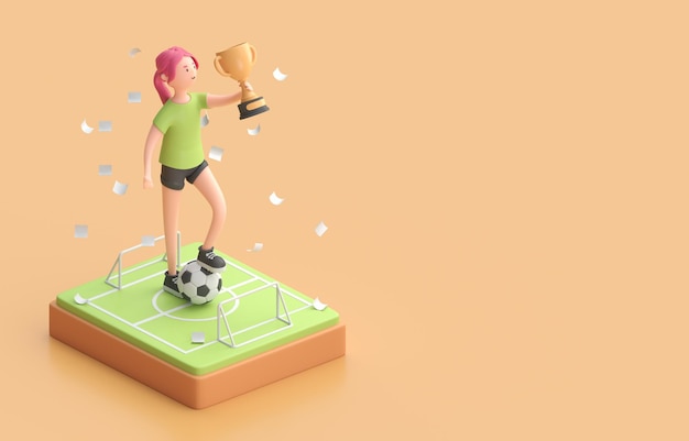 トロフィー3Dレンダリングを使用したサッカー選手