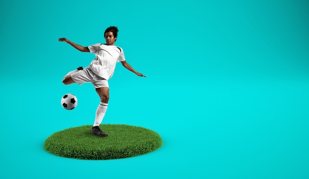 Soccer players kicking the ball on a grassy plate with cyan background