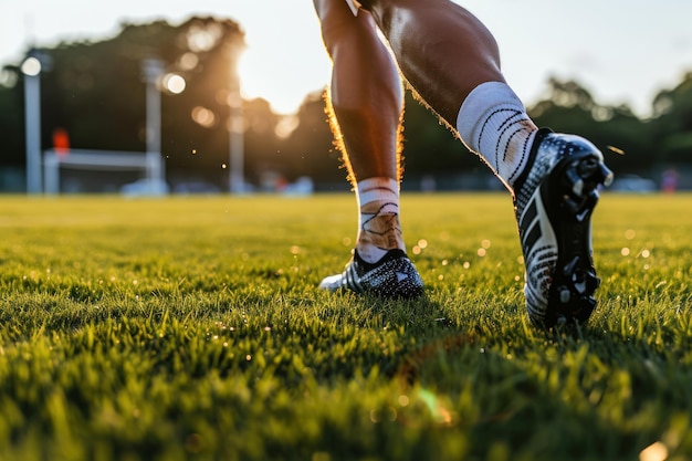 Photo soccer players legs and shoes on soccer field