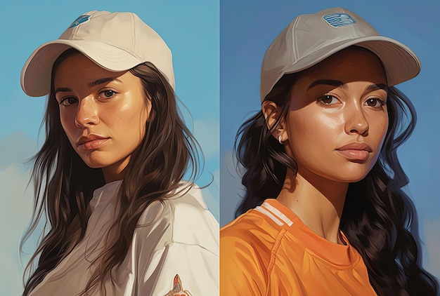 Photo soccer players portrait showing women with baseball cap on in the style of light amber and skyblue