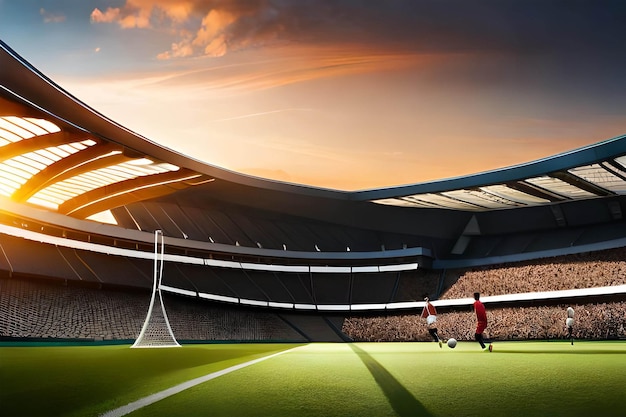 Soccer players in a stadium with a large crowd in the background