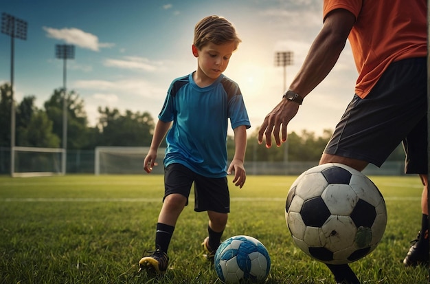 サッカーの練習 父と息子のチームワーク