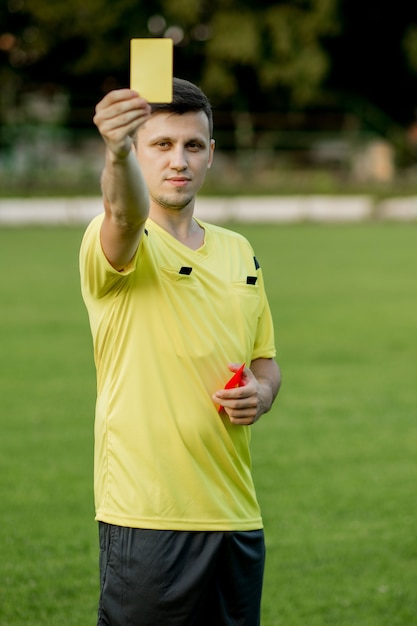 Soccer referee to point out a yellow card to a player in the\
soccer stadium