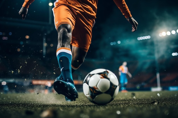 Photo soccer scene at night match with player in an orange and blue uniform kicking the penalty kick