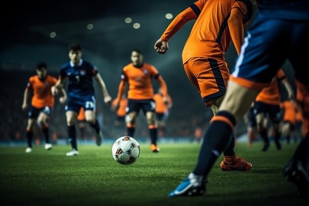 Soccer scene at night match with player in an orange and blue uniform kicking the penalty kick