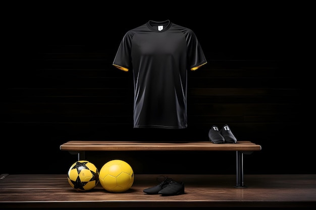 Soccer shirt and shoes on wooden bench Ai Generated