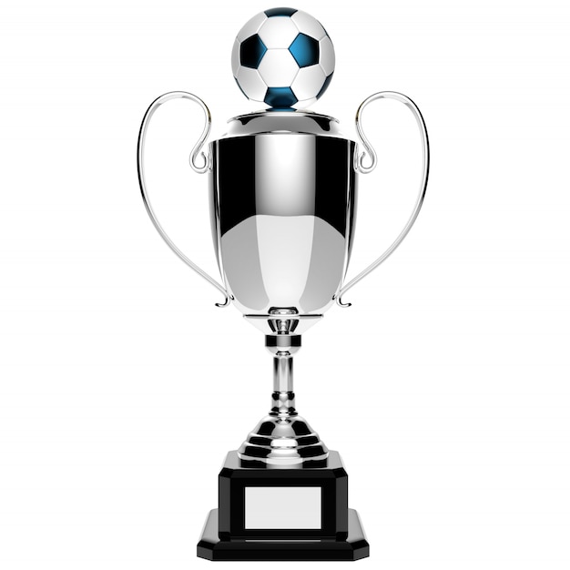 Trofeo del premio dell'argento di calcio isolato su bianco con il percorso di ritaglio
