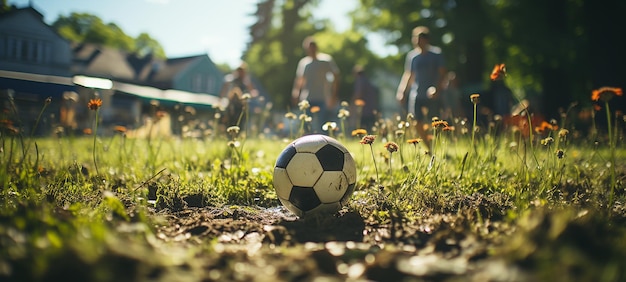 サッカー スピリット ゲームのスタイルで芝生のフィールドでサッカー ボールを蹴るウォーカー