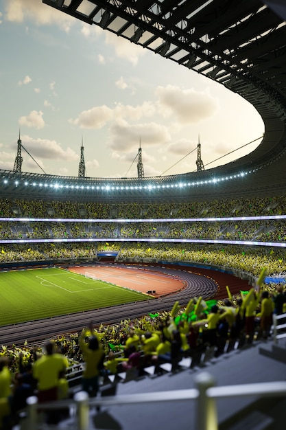 Арена вечера футбольного стадиона с иллюстрацией 3D поклонников толпы. 3D иллюстрации высокого качества