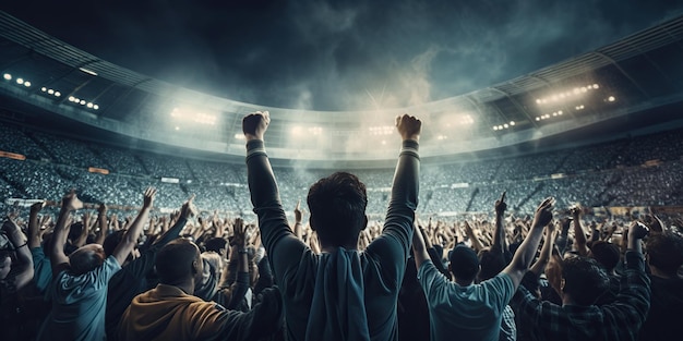サッカースタジアムでは、ファンが熱烈な声援を送り、熱狂的なシーンをライトで照らし、感動的な興奮の雰囲気を作り出します AI ジェネレーティブ AI