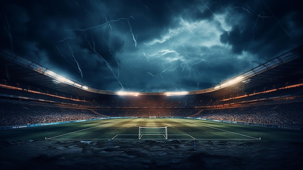 극적인 어두운 하늘이 있는 밤의 축구 경기장