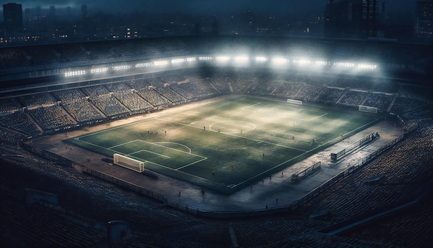 A soccer stadium and pitch at night with spotlights shining on it