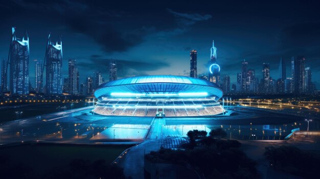 Photo soccer stadium's skyline at night conveying a sense of excitement and energy