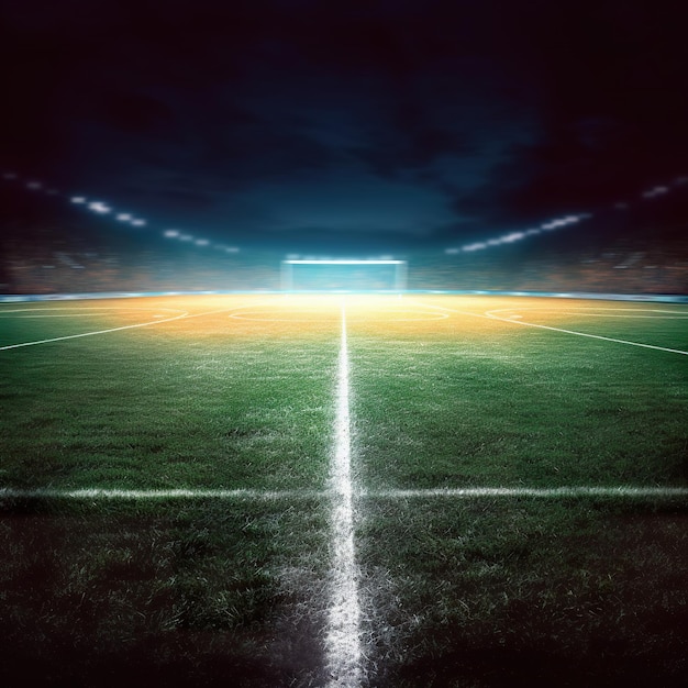 A soccer stadium with a field and lights that are lit up.