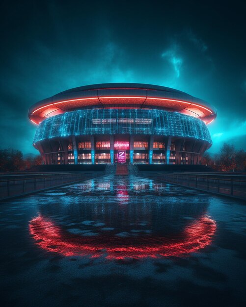 Soccer stadium with green grass and blue sky and at night