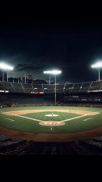 Foto stadio di calcio con erba verde e cielo blu e di notte