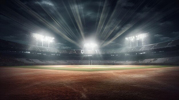 Photo soccer stadium with green grass and blue sky and at night