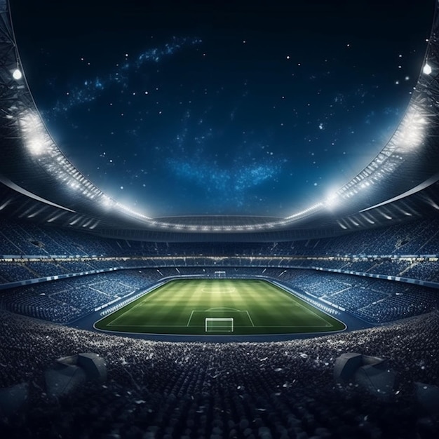 Soccer stadium with green grass and blue sky and at night