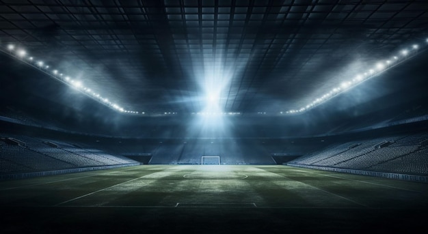 Foto stadio di calcio con erba verde e cielo blu e di notte