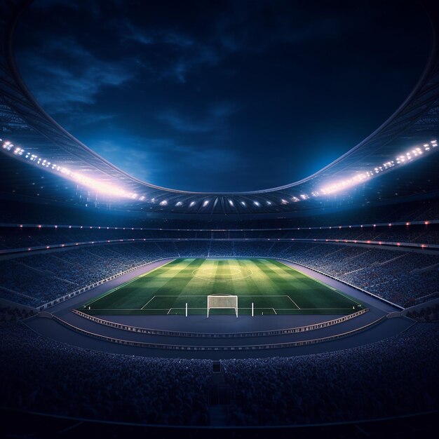 Soccer stadium with green grass and blue sky and at night