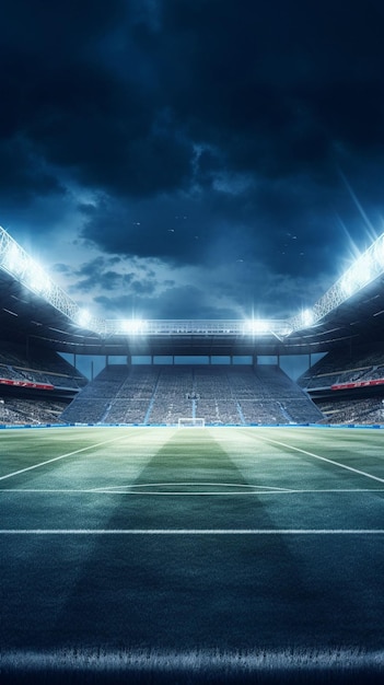 Photo soccer stadium with green grass and blue sky and at night