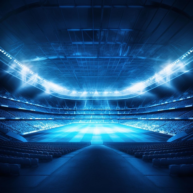 Photo soccer stadium with green grass and blue sky and at night