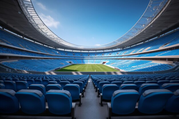 Soccer stadium with green grass and blue sky and at night