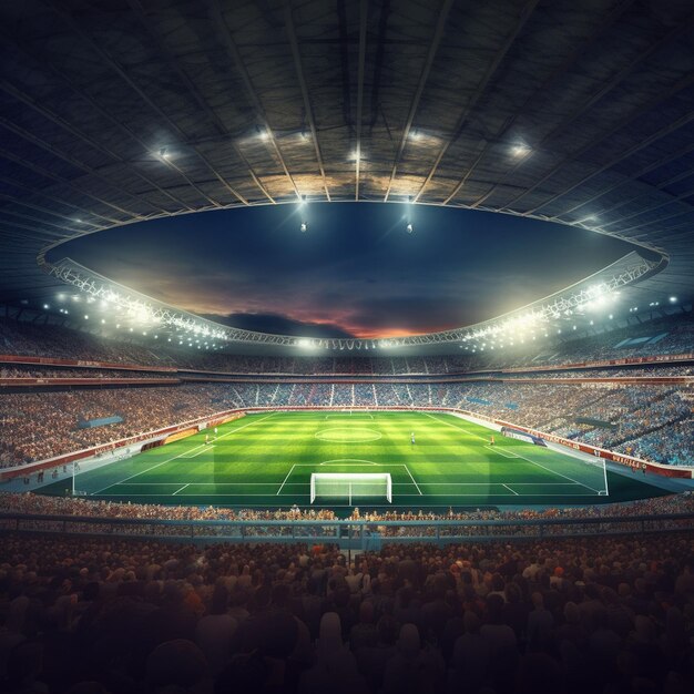 Foto stadio di calcio con erba verde e cielo blu e di notte