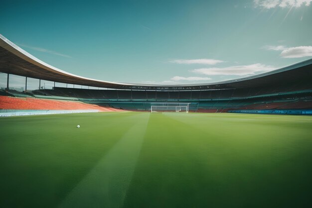 Футбольный стадион с зеленой травой и голубым небом