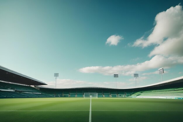 Soccer stadium with green grass and blue sky