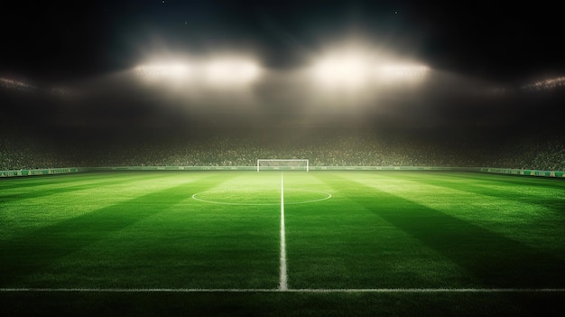 Soccer stadium with lights on the pitch