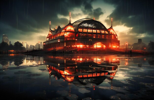 A soccer stadium with lights on in the rain