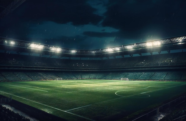 夜の芝生にライトが輝くサッカースタジアム