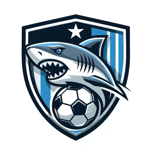 A soccer team emblem shield logo with a shark inside the logo